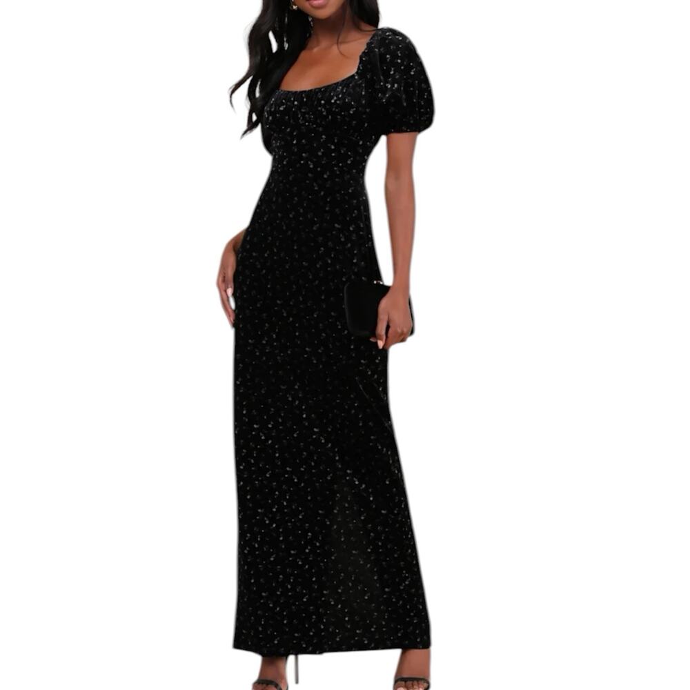 NWT Lulus Expert Charm Black Ditsy Floral Velvet Puff Sleeve Maxi Dress Size XS